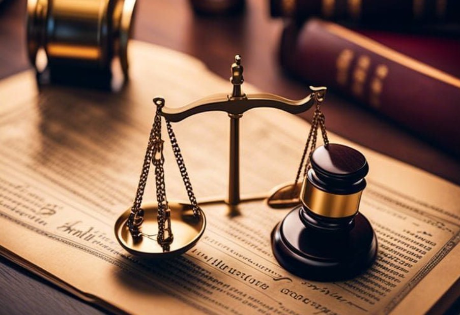 Cán cân công lý và búa gỗ của thẩm phán đặt trên trang sách luật